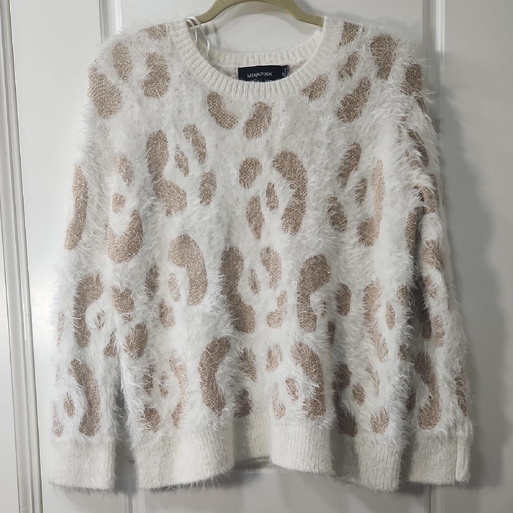 MINKPINK White and Tan Crewneck Eyelash Textured Sweater - XS